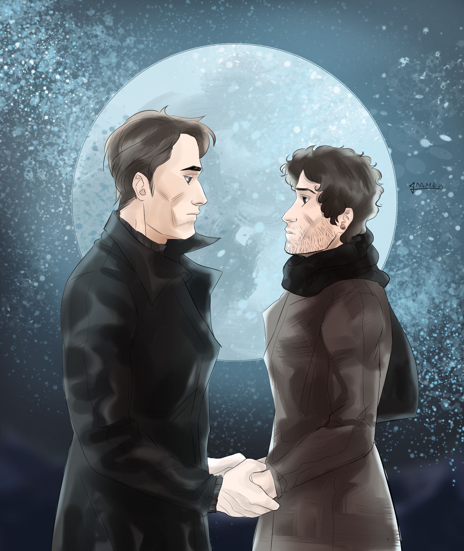 Two men standing with the moon in the background