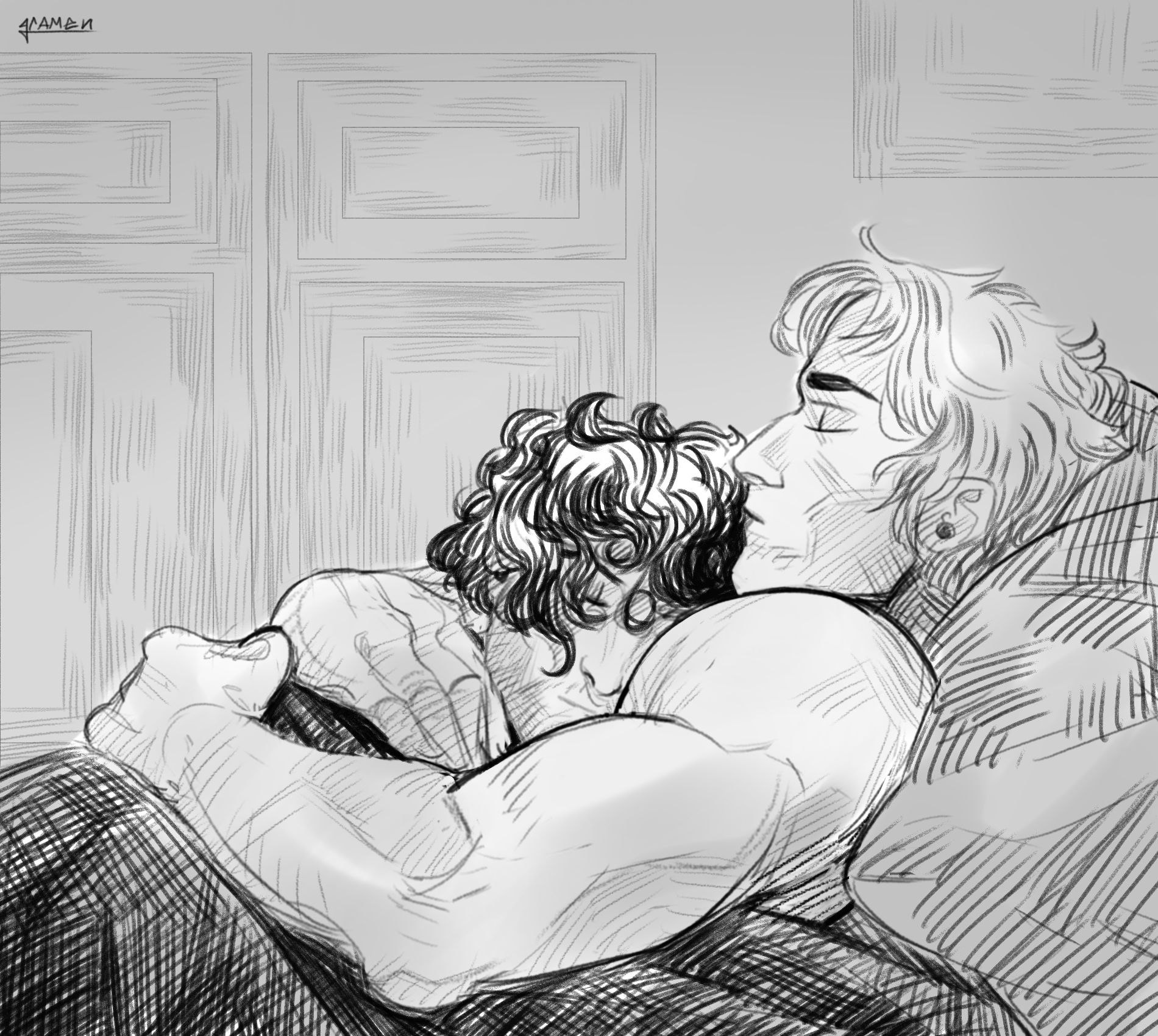 Two men cuddling